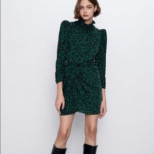 Zara drapped green dress - puff sleeves